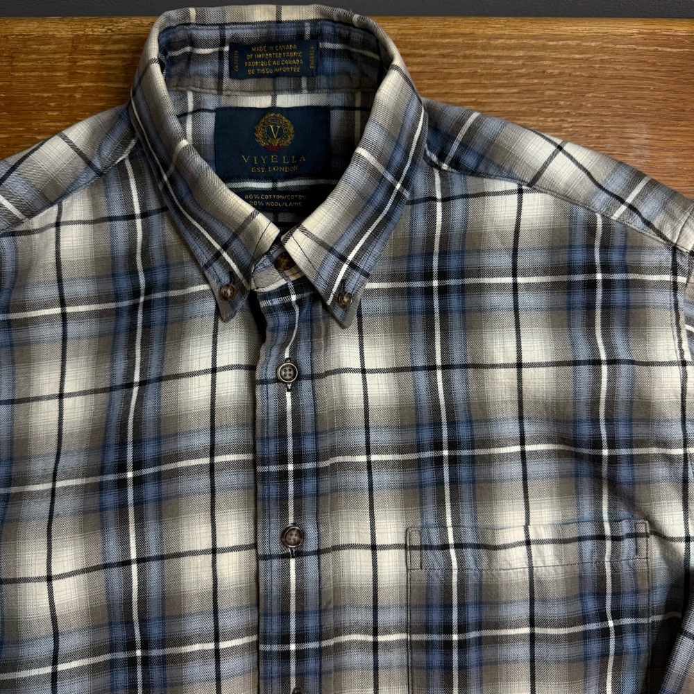 Viyella Mens Plaid Shirt Medium Brown Blue Striped Wool Blend Preppy Grunge